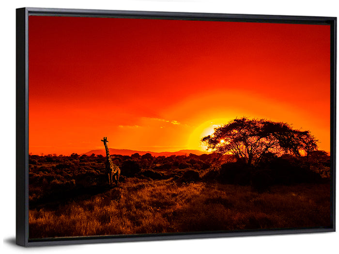 Savanna Sunset with Giraffe Wall Art as a framed canvas