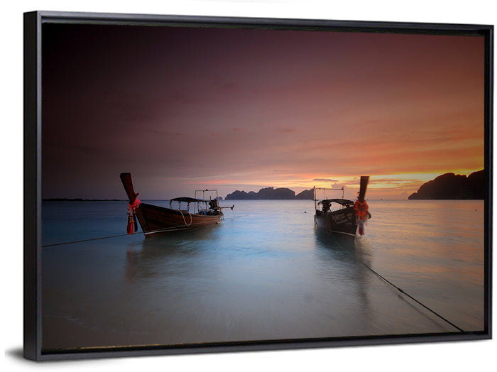 Phi Phi Longtail Boats at Golden Hour Wall Art as a framed canvas
