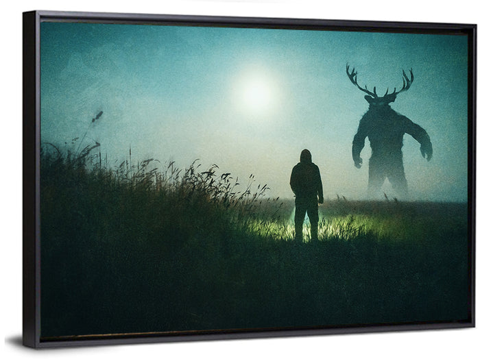 Antlered Shadow in Mist Wall Art as a framed canvas