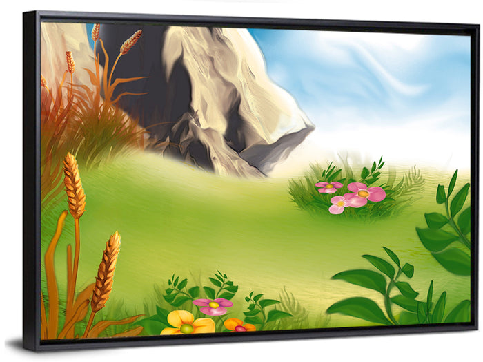 Sunny Mountain Meadow Illustration Wall Art as a framed canvas