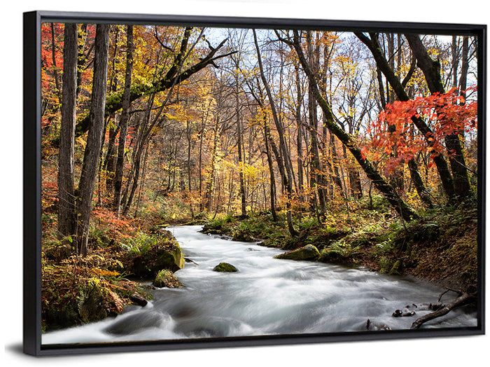 Sunlit Forest Stream Wall Art as a framed canvas