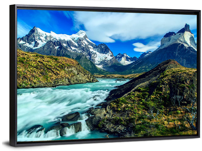 Torres Del Paine Glacier Stream Wall Art as a framed canvas