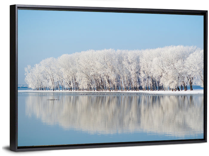 Frost Covered Lakeside Trees Wall Art as a framed canvas