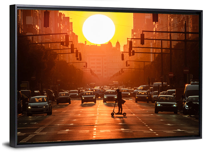 Valencia Port Avenue at Dusk Wall Art as a framed canvas