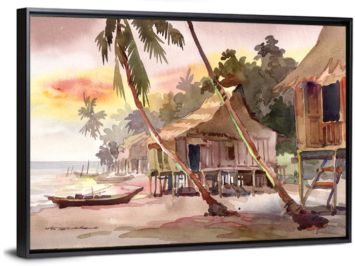 Malaysian Coastal Village at Sunset Wall Art as a framed canvas