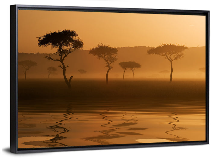 Savanna Sunset Acacia Silhouettes Wall Art as a framed canvas