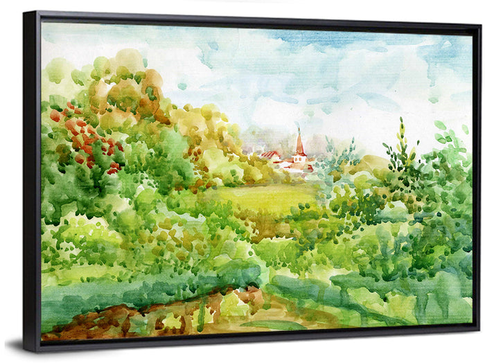 Red Steeple Village Watercolor Wall Art as a framed canvas