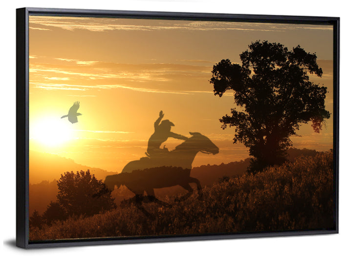 Cowboy Silhouette at Golden Sunset Wall Art as a framed canvas
