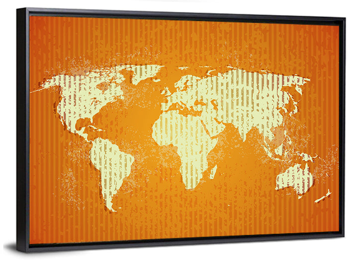 Vintage Orange World Map Wall Art as a framed canvas