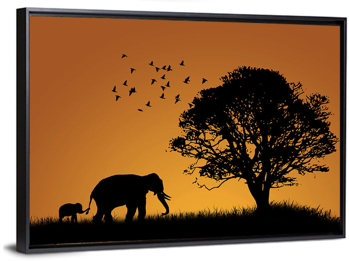 Elephant Family at Golden Sunset Wall Art as a framed canvas