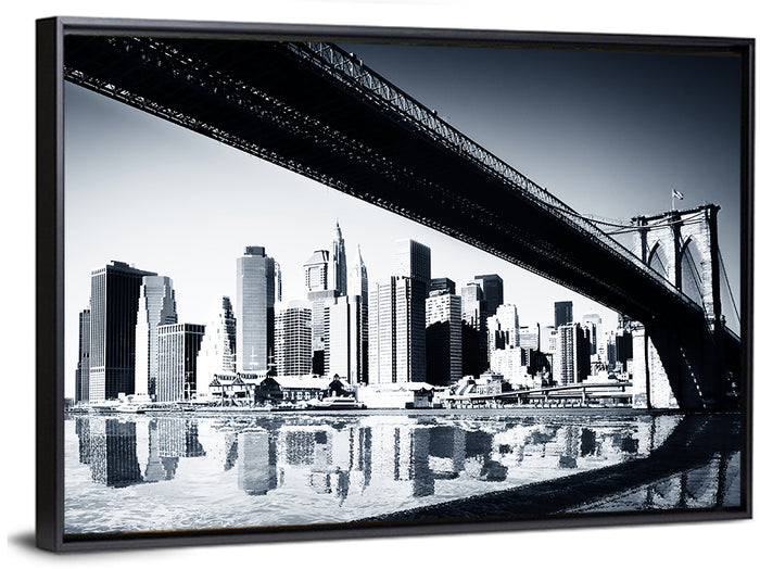 Brooklyn Bridge Low Angle Skyline Reflection Wall Art as a framed canvas