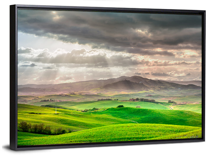Tuscan Sunlit Hills Wall Art as a framed canvas