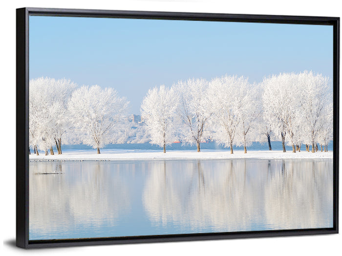 Frosted Winter Trees Reflected on a Quiet Lake Wall Art as a framed canvas