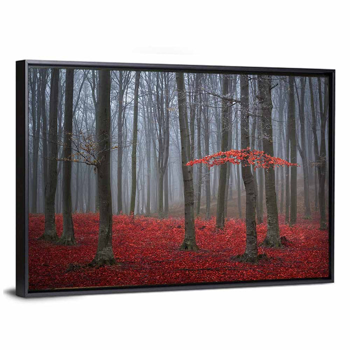 Red Foggy Autumn Forest Wall Art as a framed canvas