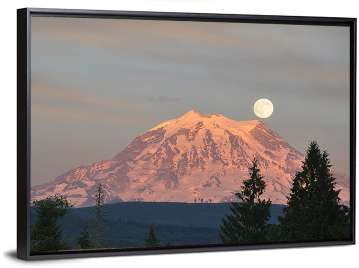 Mount Rainier Alpenglow with Full Moon Wall Art as a framed canvas