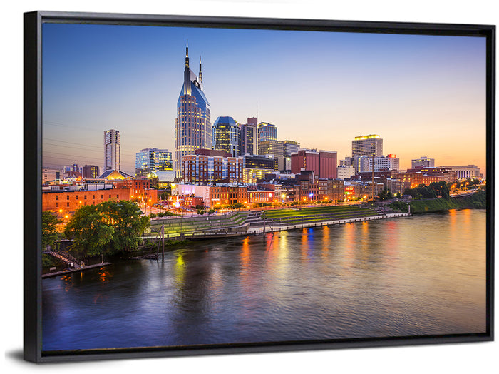 Nashville Skyline Over the Cumberland River Wall Art as a framed canvas