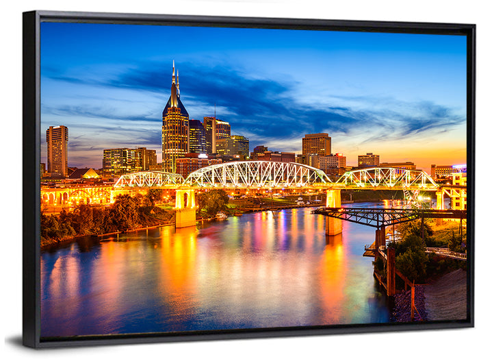 Nashville Skyline at Twilight Bridge Reflections Wall Art as a framed canvas