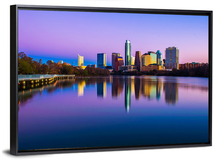 Austin Skyline Reflection at Twilight Wall Art as a framed canvas