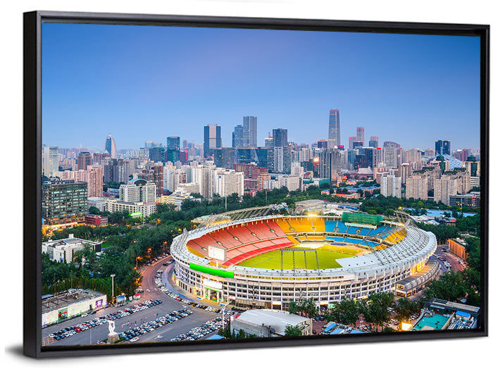Workers' Stadium at Dusk, Beijing Skyline Wall Art as a framed canvas