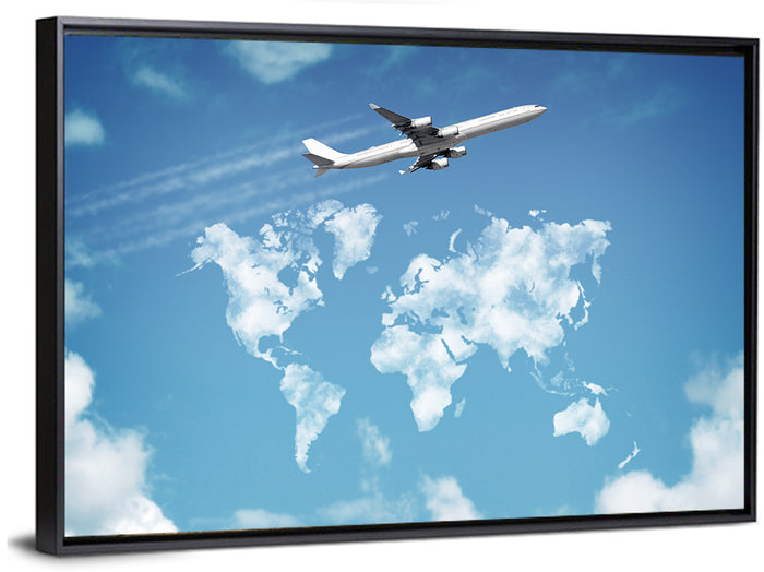 Jet Over Cloud World Map Wall Art as a framed canvas