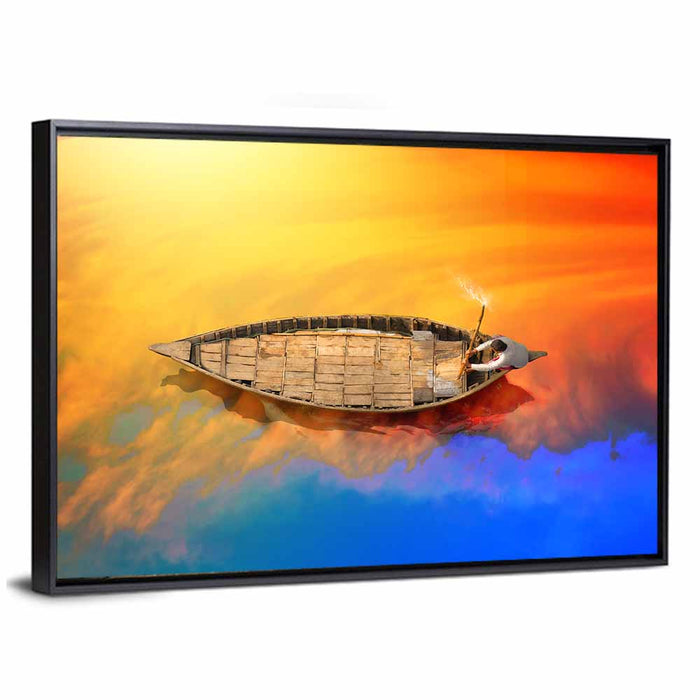 Sunset Rowboat from Above Wall Art as a framed canvas