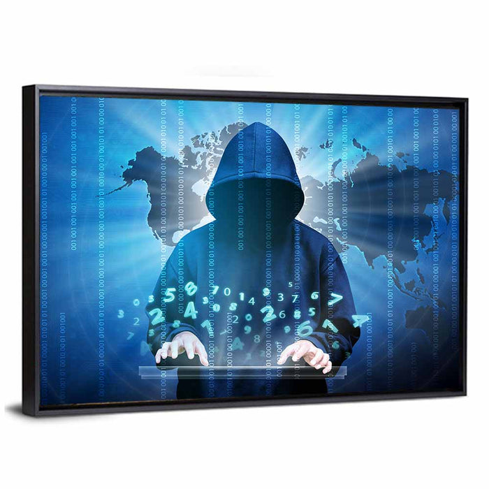 Hooded Hacker with Binary Map Wall Art as a framed canvas