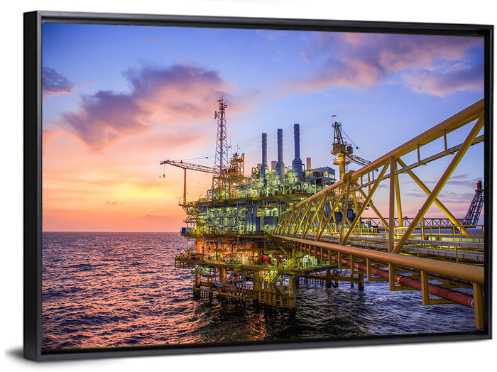 Golden Hour Offshore Oil Rig Wall Art as a framed canvas