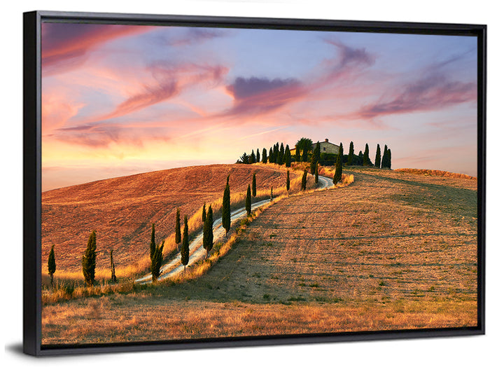 Tuscan Hilltop Road at Dusk Wall Art as a framed canvas