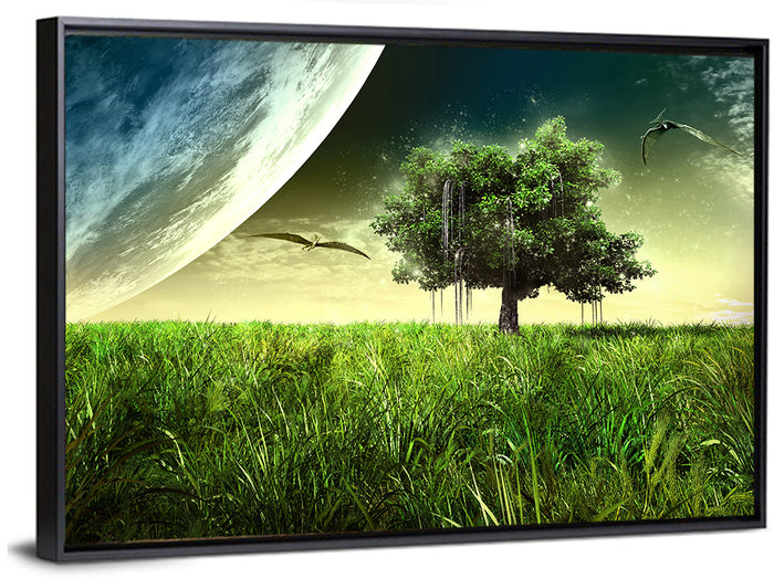 Alien Meadow Under a Giant Planet Wall Art as a framed canvas
