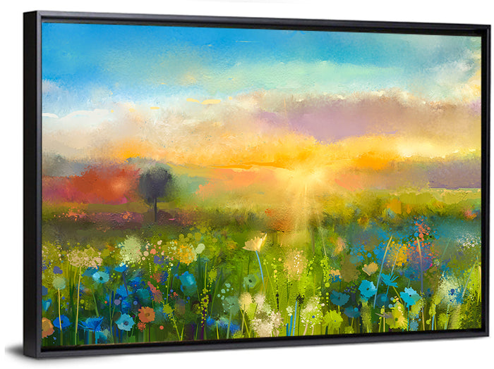 Sunset Wildflower Meadow Wall Art as a framed canvas
