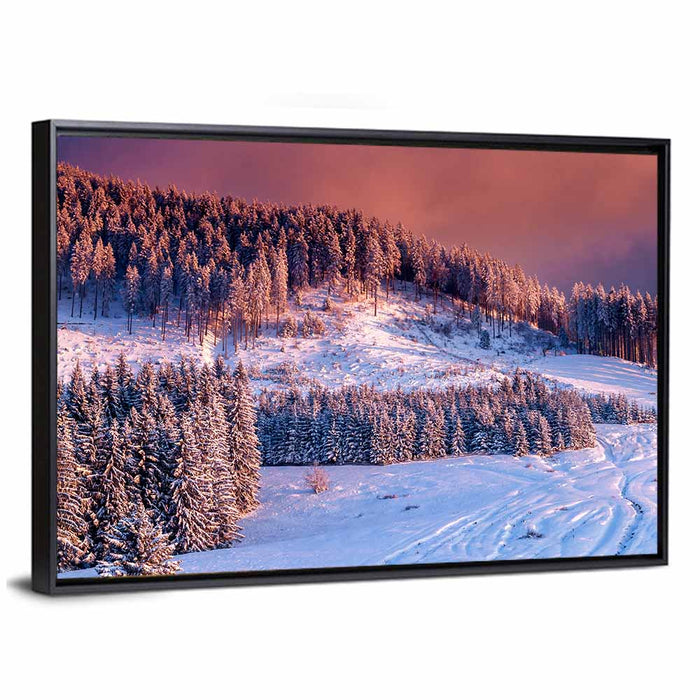 Idyllic Winter Mountain Sunset Wall Art as a framed canvas