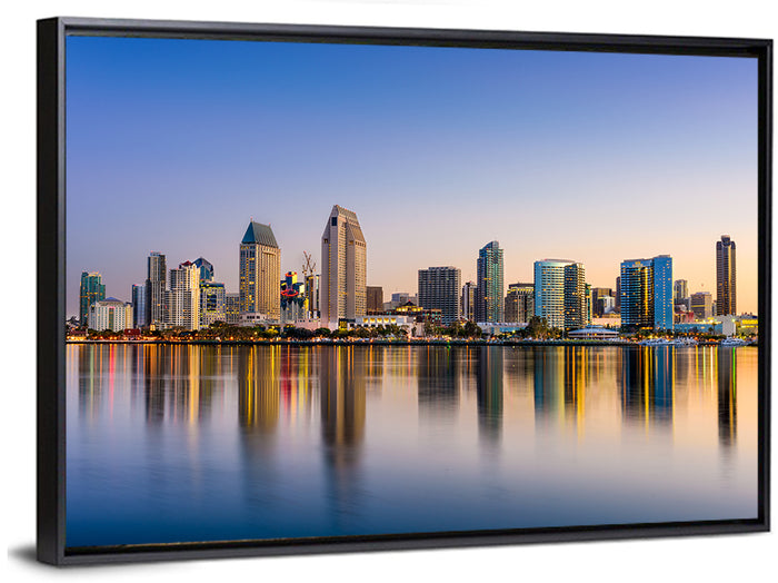 San Diego Skyline at Golden Dusk Wall Art as a framed canvas