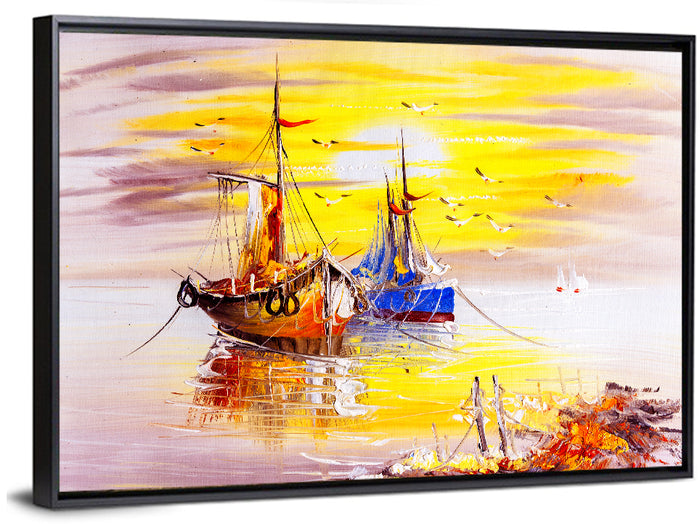 Golden Sunset Sailing Boats Wall Art as a framed canvas