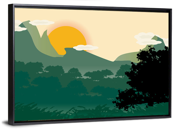 Geometric Mountain Forest Sunrise Wall Art as a framed canvas