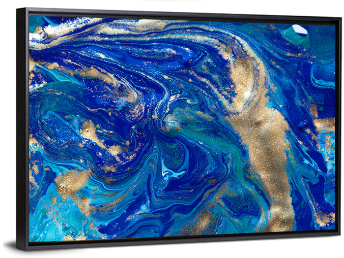 Blue and Gold Liquid Marble Swirls Wall Art as a framed canvas
