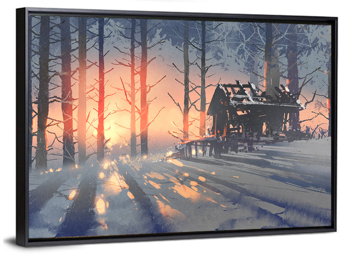 Snowy Forest Cabin at Sunset Wall Art as a framed canvas