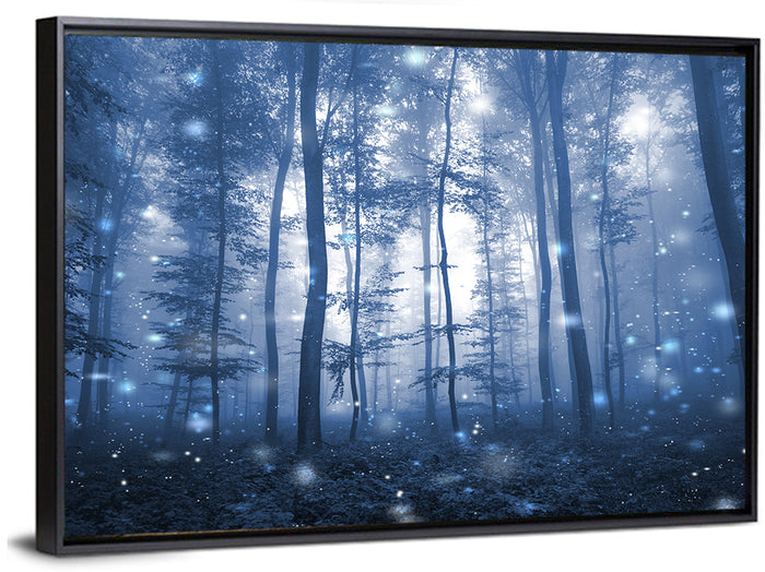 Blue Mist Forest at Twilight Wall Art as a framed canvas