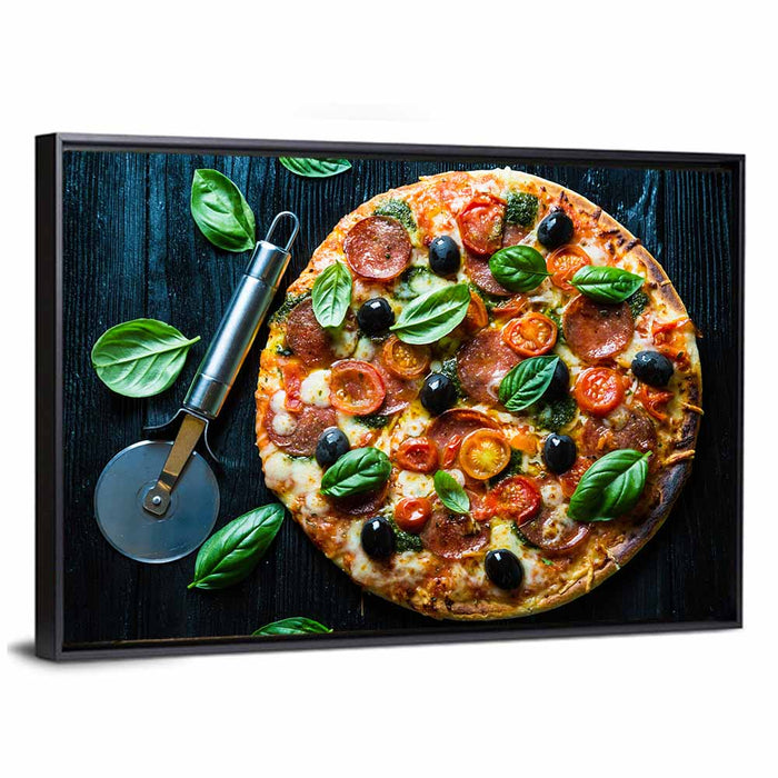 Top-down Pizza with Basil and Olives Wall Art as a framed canvas