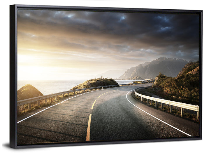 Golden Sunrise Coastal Road Wall Art as a framed canvas