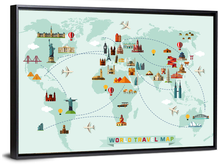 World Travel Map Illustration Wall Art as a framed canvas