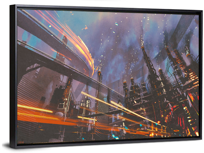 Futuristic Industrial Cityscape Wall Art as a framed canvas