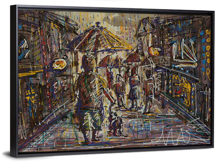 Rainy City Street Wall Art as a framed canvas