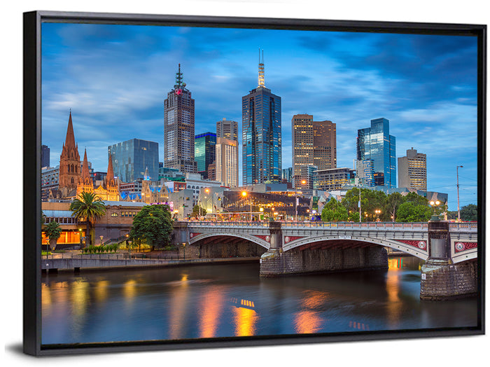 Melbourne Blue Hour Skyline Wall Art as a framed canvas