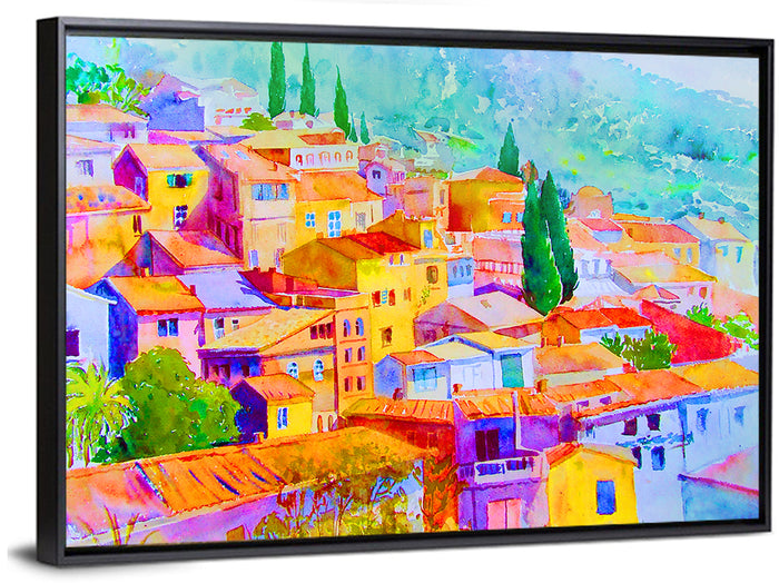Mediterranean Hillside Watercolor Village Wall Art as a framed canvas