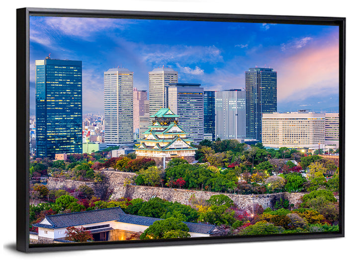 Osaka Castle Skyline at Dusk Wall Art as a framed canvas