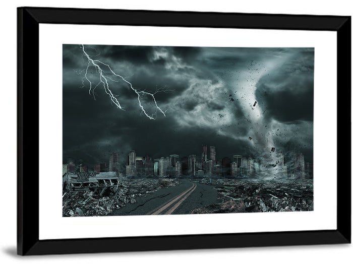 Tornado Over Destroyed City Skyline Wall Art as a framed print