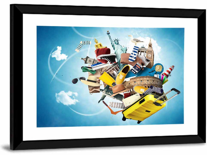 Floating Landmarks with Yellow Suitcase Wall Art as a framed print