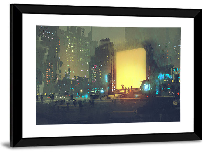 Rainy Night City with Glowing Portal Wall Art as a framed print