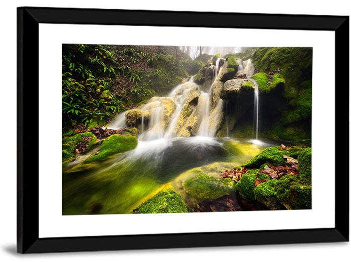Cheile Nerei Mossy Waterfall Wall Art as a framed print