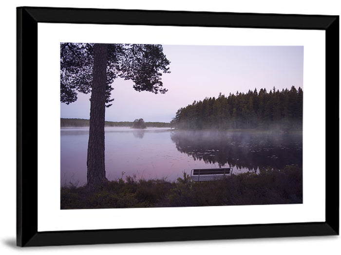 Misty Lake with Bench Wall Art as a framed print